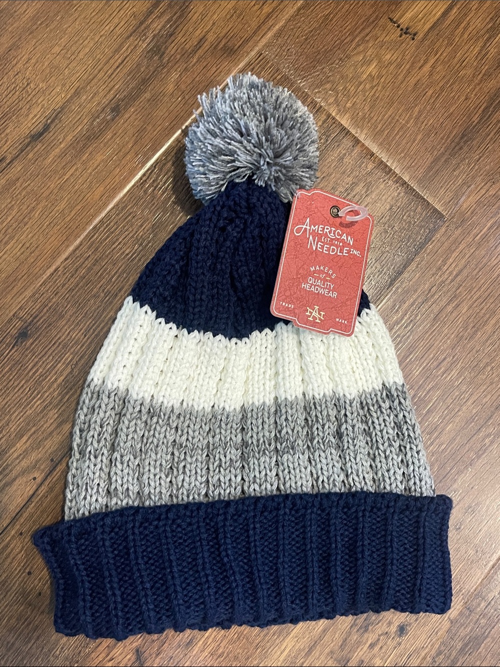 NWT American Needle Beanies Pom Pom Striped‎ Navy Blue White Gray